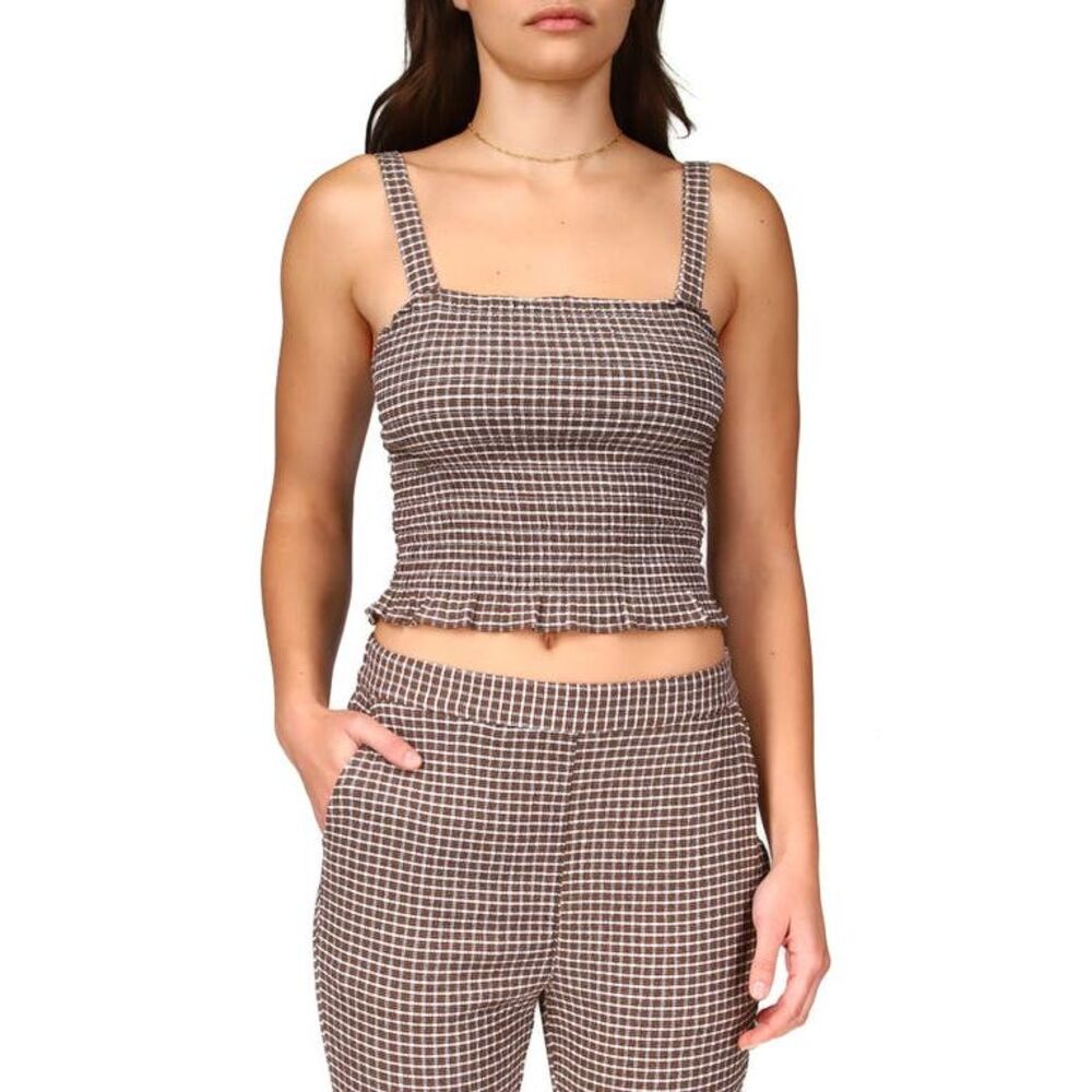 Sanctuary Westside Check Smocked Crop Camisole In Chocolate Gingham - M